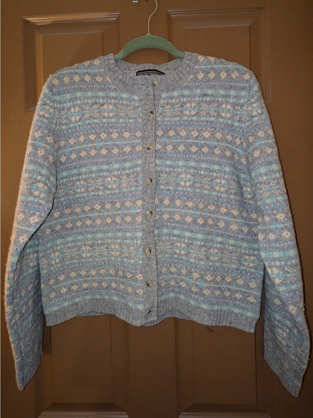 Soft Blue Patterned Shetland Wool Cardigan Sweater